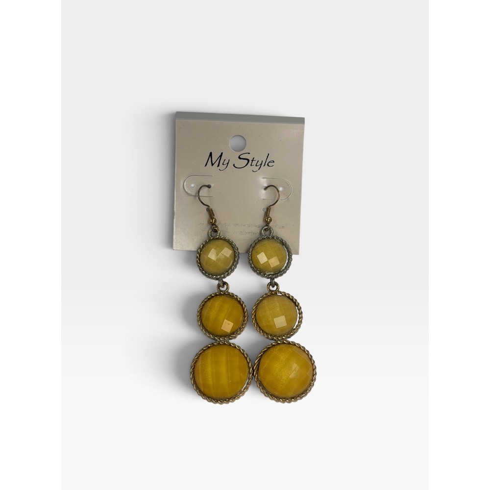 My Style Mustard Yellow Triple Drop Dangle Earrings Faceted Gold Tone Statement